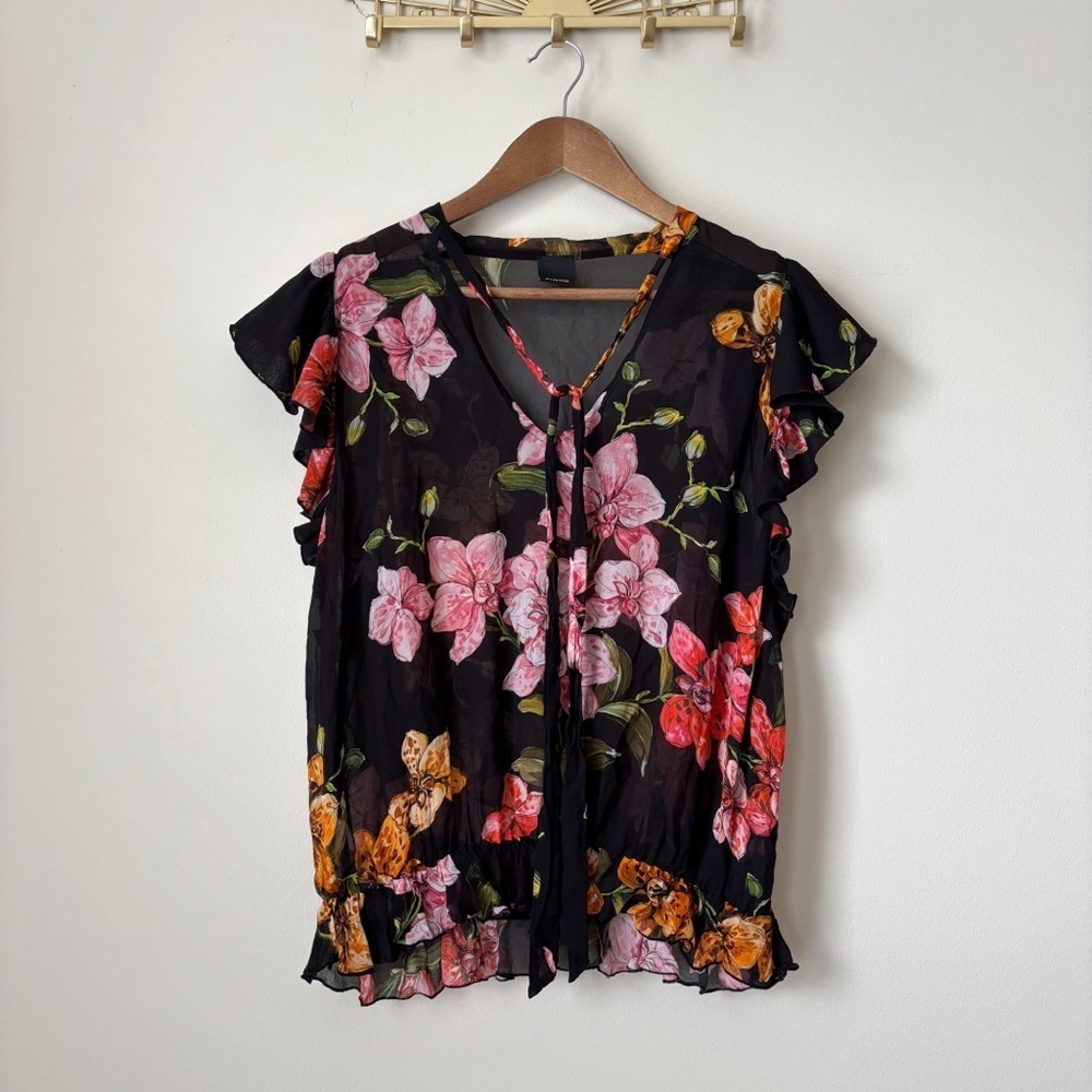 Pinko Black Floral Print Chiffon Flutter Sleeve Blouse Sz 10 Romantic Boho
